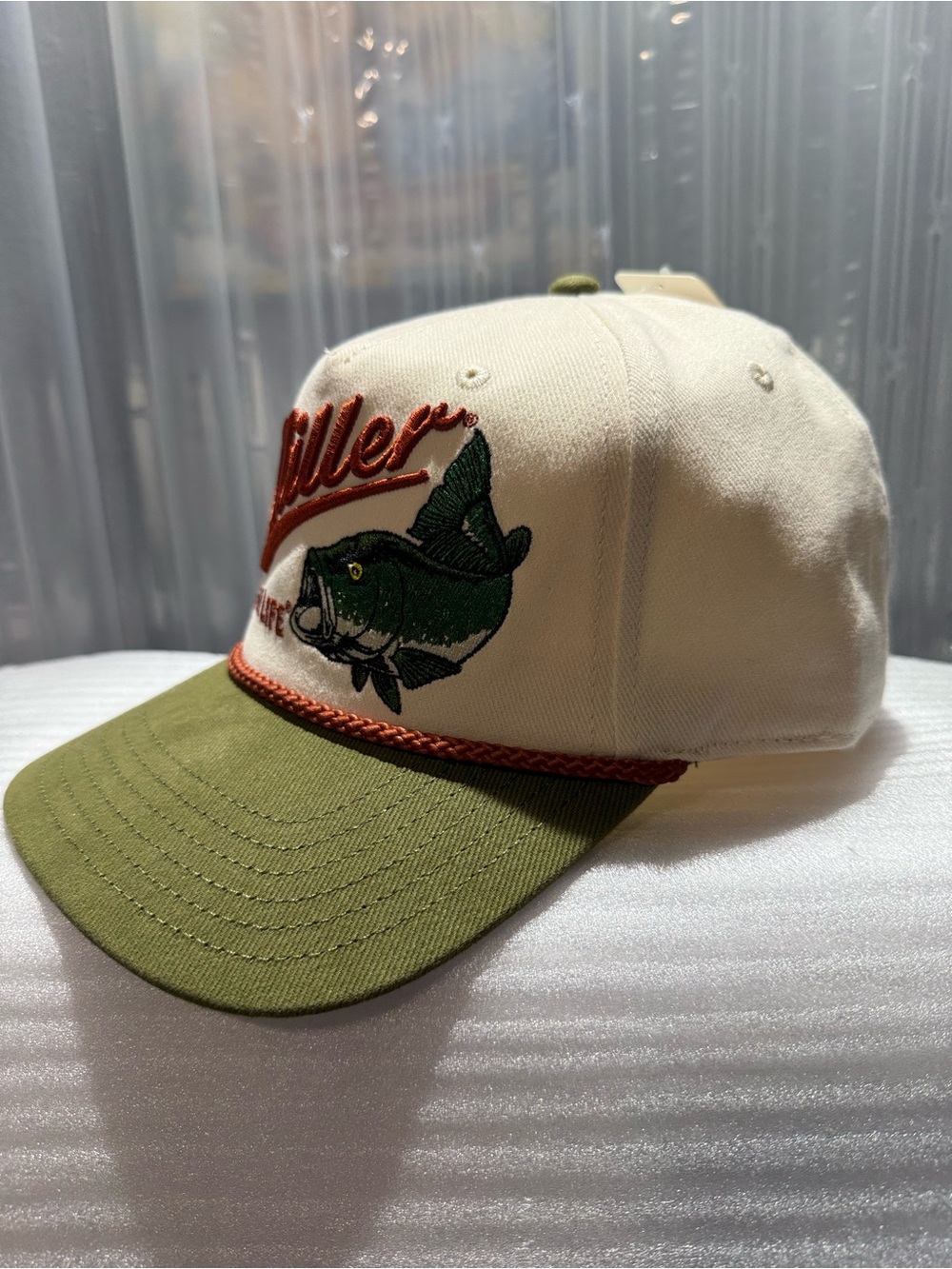 Miller High Life Bass Fishing Rope Snapback Hat Cream Olive NWT